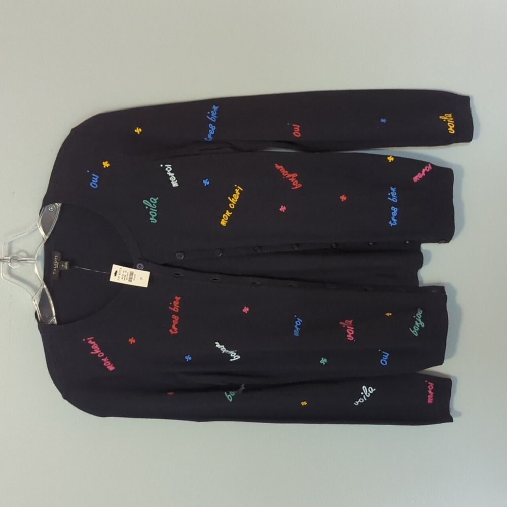 Talbots NWT Long Sleeve Cardigan Sweater with Embroidered French Words Petite XS